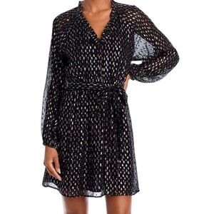 NWT AQUA Black Rainbow Metallic Long Sheer Sleeve Tie Waist Dress Size Medium